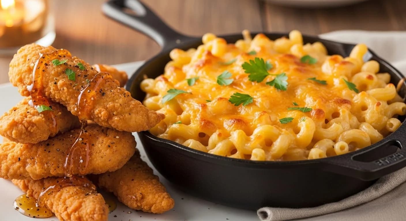 Four-Cheese Mac & Cheese with Honey Pepper Chicken Tenders