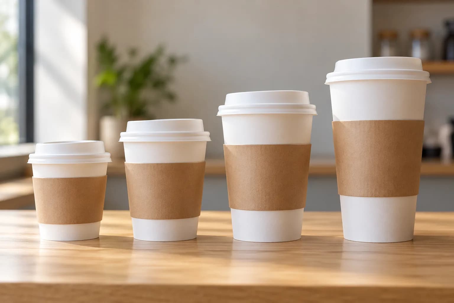 Four coffee cups standing in a row, each one larger than the last