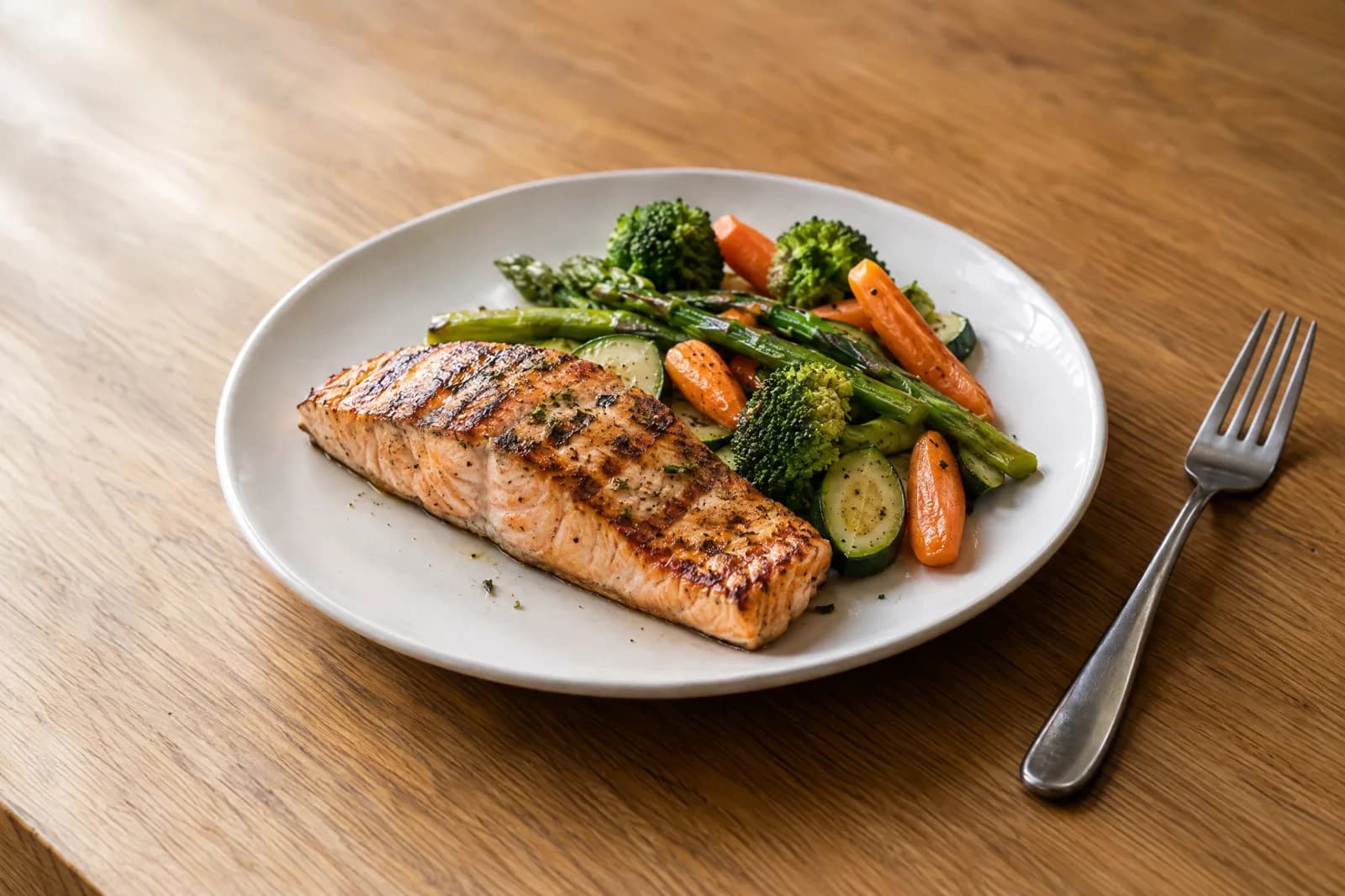 SkinnyLicious Grilled Salmon served with assorted fresh vegetables